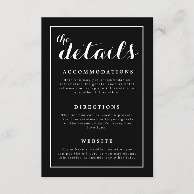 Klassische Elegante Schwarz & Weiß Hochzeit Begleitkarte (Vorderseite)