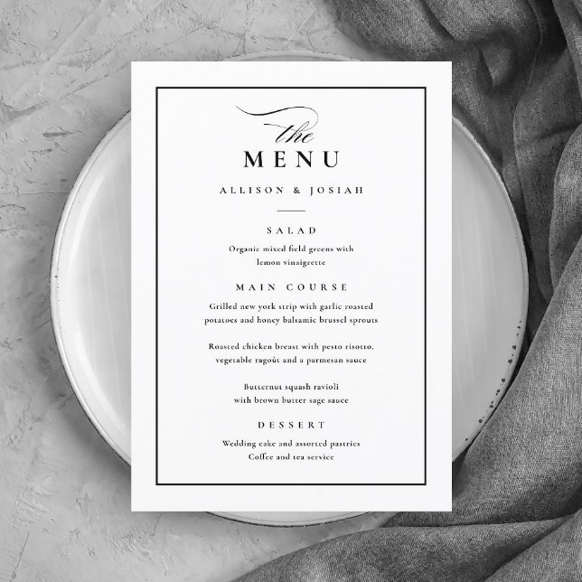 Klassische Elegante Schwarz-Weiß-Hochzeit Menükarte (Simple Black and White Wedding Menu.)