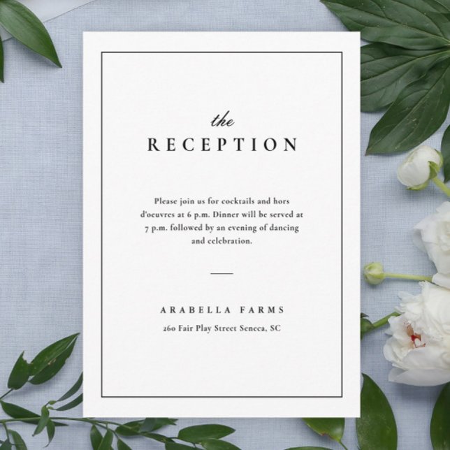 Klassische elegante Schwarz-Weiß-Hochzeitsempfehlu Begleitkarte (Simple typographic black and white wedding reception enclosure card.)