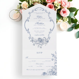 Klassische elegante staubblaue Blumenrahmen-Hochze All In One Einladung