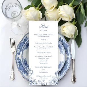 Klassische elegante staubblaue florale Hochzeit Menükarte
