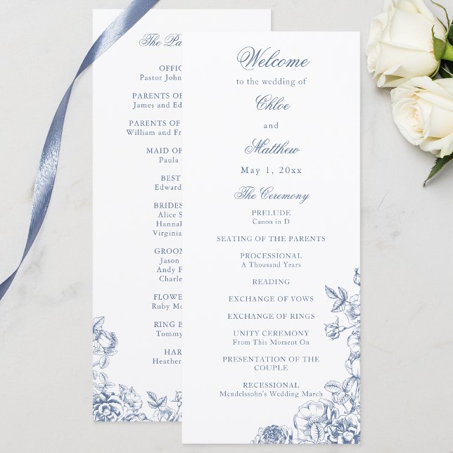 Klassische elegante staubblaue Hochzeit mit Blumen Programm (Von Creator hochgeladen)