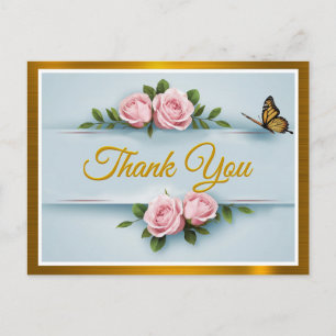 Klassische Eleganz Rosa Rosen, Schmetterling Danke Postkarte