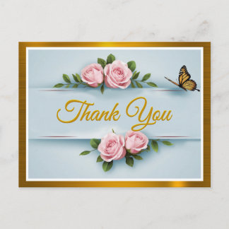 Klassische Eleganz Rosa Rosen, Schmetterling Danke Postkarte