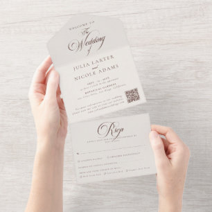 Klassische Elfenbeinbraune Kalligrafie-Hochzeit All In One Einladung