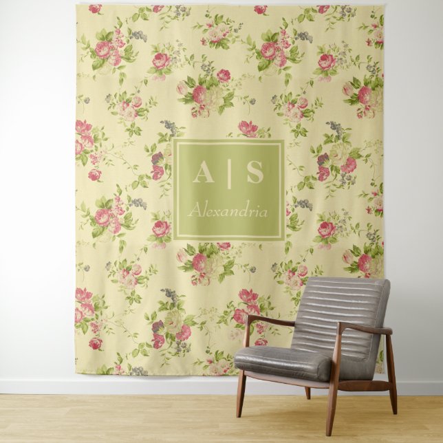 Klassische farbenfrohe Rose | Floral Monogramm Wandteppich (Beispiel)