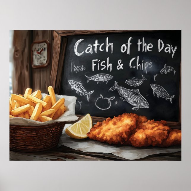 Klassische Fische und Chips und Schwarze Pappe Poster (Vorne)