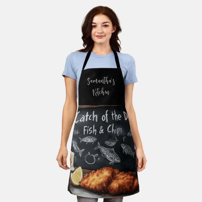 Klassische Fische und Chips und Schwarze Pappe Schürze (Getragen)