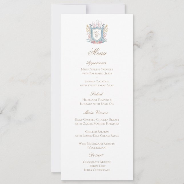 Klassische Florale Monogramm-Wappen-Hochzeits-Menü Save The Date (Vorderseite)
