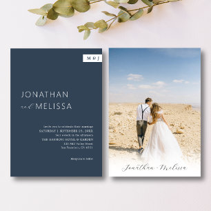 Klassische formale blaue Monogramm-Hochzeit Einladung