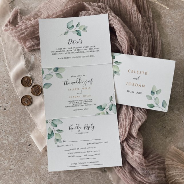 Klassische formale grüne Blätter Dreifache Hochzei Dreifach Gefaltete Einladung (Von Creator hochgeladen)