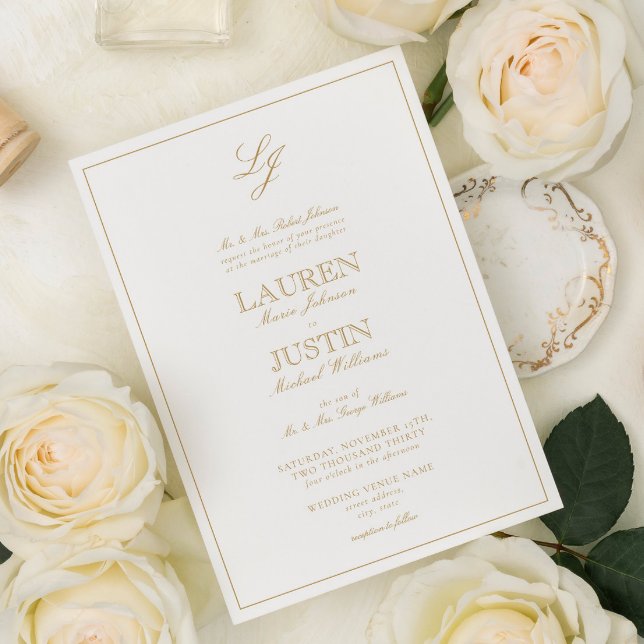 Klassische Goldkalligrafie-Script-Monogramm-Hochze Einladung (Von Creator hochgeladen)
