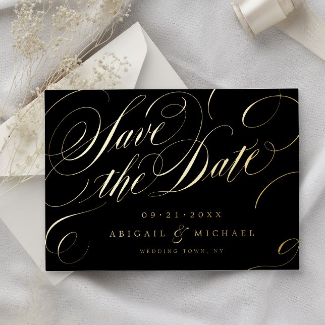 Klassische Goldkalligraphie Save the Date Vintag Folieneinladung (black and Gold classic calligraphy vintage save the date foil invitation)