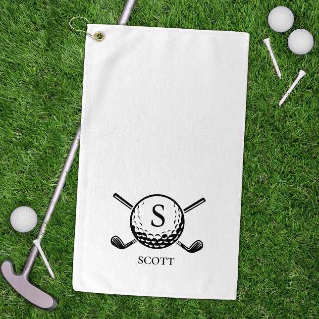 Klassische Golfschläger Monogramm Name Schwarz Wei Golfhandtuch (Von Creator hochgeladen)