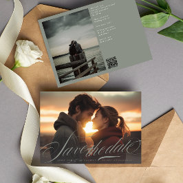 Klassische graugrüne Kalligrafie QR Code Zwei Foto Save The Date