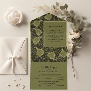 Klassische grüne Art Nouveau-Hochzeit All In One Einladung
