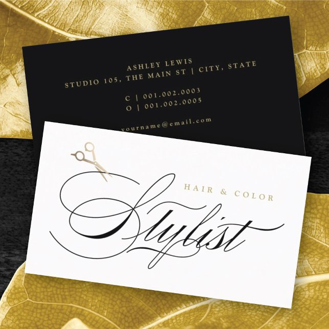 Klassische Hair Stylist Calligraphy Gold Scissors Visitenkarte (Classic Hair Stylist Calligraphy Gold Scissors Business Card by fatfatin @ color_therapy)