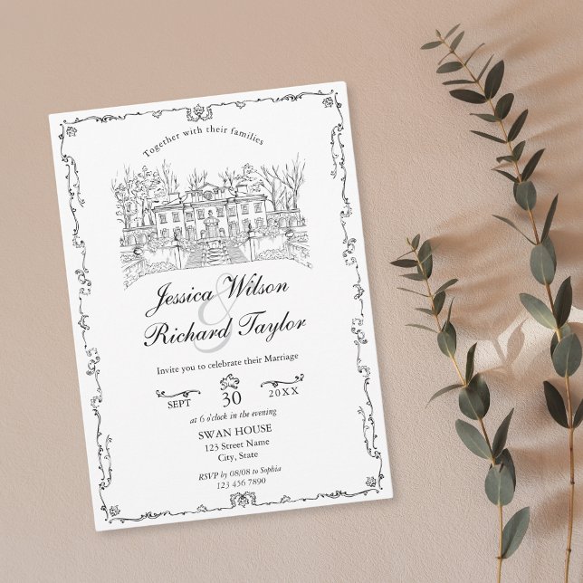 Klassische, handgezeichnete Venue Manor Illustrati Einladung (custom hand drawn classic wedding venue illustration invitation with border)