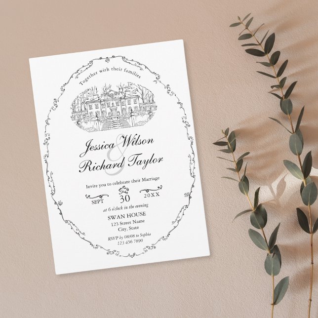 Klassische, handgezeichnete Venue Manor Illustrati Einladung (custom hand drawn classic wedding venue illustration invitation with border)