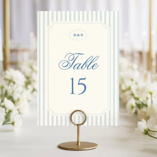 Klassische hellblaue Streifen Hochzeit Tischnummer