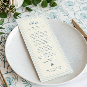 Klassische hellblaue Streifen-Hortensien-Hochzeit Menükarte