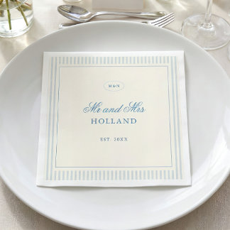 Klassische hellblaue Streifen Mr und Mrs Hochzeit Serviette