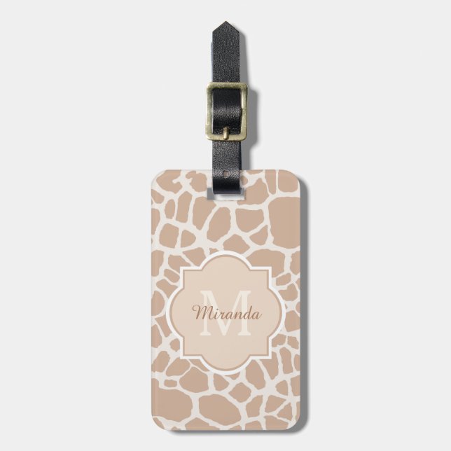 Klassische hellbraune Giraffe Print Monogram und N Gepäckanhänger (Vorderseite vertikal)
