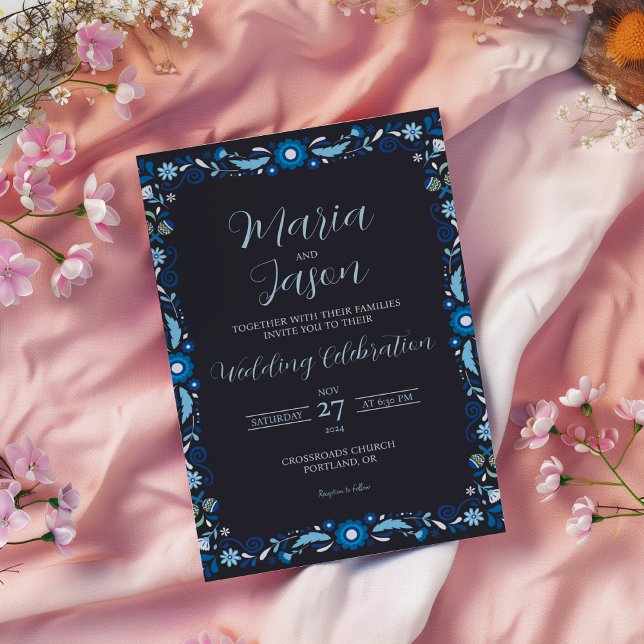 Klassische Hochzeit der mexikanischen Marine Blue  Einladung (Mexican Navy Blue Floral Elegant Classic Wedding Invitation)