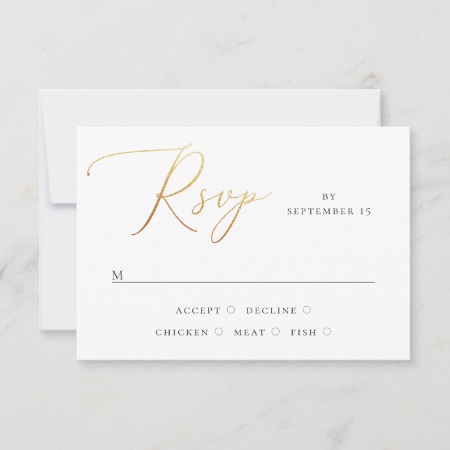 Klassische Hochzeit | Formelles Gold-Script RSVP Karte (Vorderseite)