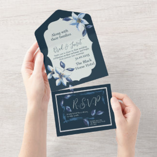 Klassische Hochzeit mit Blauer Flora All In One Einladung