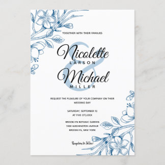 Klassische Hochzeit mit Blauer Flora Einladung