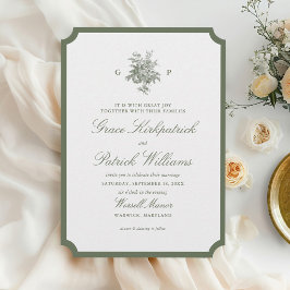 Klassische Hochzeit mit Salbeigrünem Rand-Monogram Einladung