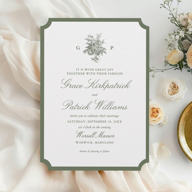 Klassische Hochzeit mit Salbeigrünem Rand-Monogram Einladung (Von Creator hochgeladen)