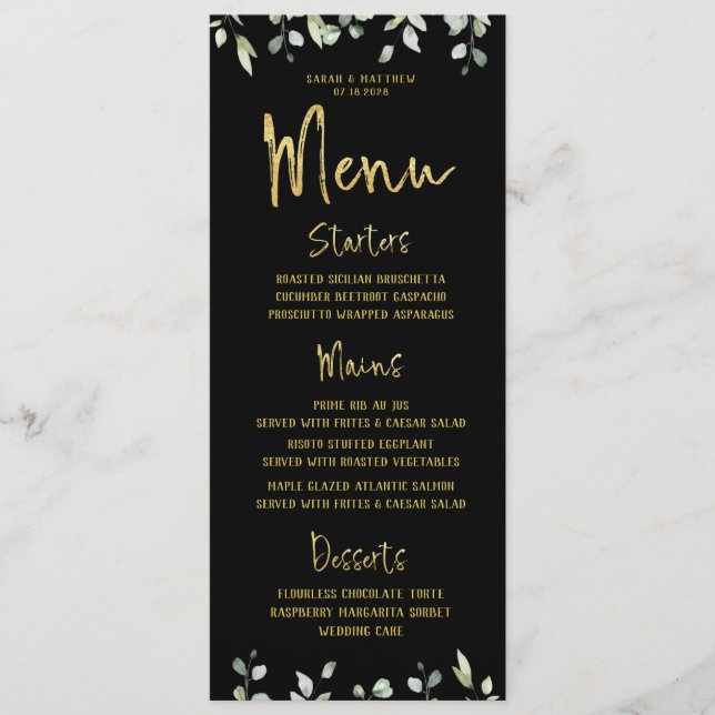 Klassische Hochzeit mit Schwarz-Gold-Script Menükarte (Vorderseite)