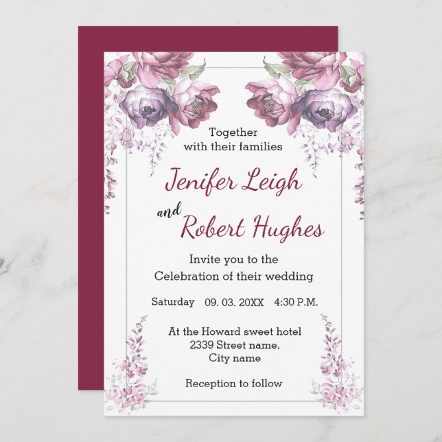 Klassische Hochzeit Ultra violett und rosa Einladung (Vorne/Hinten)