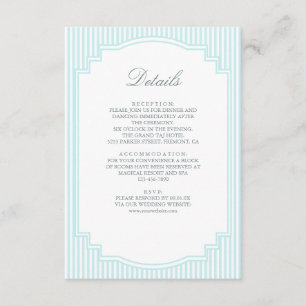 Klassische Hochzeitsdetails in pastellblauen Strei Begleitkarte