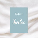 Klassische Hochzeitskarte mit dusty blauen Schrift Tischnummer<br><div class="desc">Ein staubblauer Hintergrund,  weißer Text. Personalisieren Sie Ihre Tischnummern und fügen Sie sie hinzu. Fügen Sie Ihre Nummern eins nach dem anderen hinzu.</div>