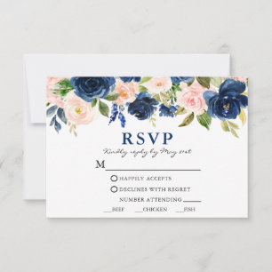 Klassische Hochzeitsmahlzeiten in Blau-Rosa RSVP Karte