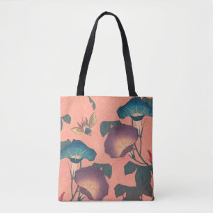 Klassische Hokusai-Kunst der rosa Biene und Blume