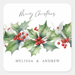 Klassische Holly Weihnachtsgärtnerei mit Beeren Quadratischer Aufkleber