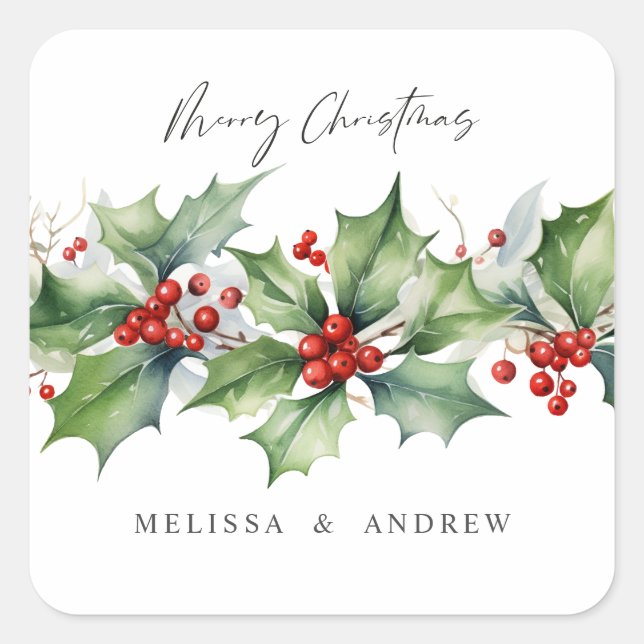 Klassische Holly Weihnachtsgärtnerei mit Beeren Quadratischer Aufkleber (Vorderseite)