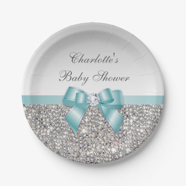 Klassische Imitate Aquamarin Bow Silver Sequins Ki Pappteller (Vorderseite)