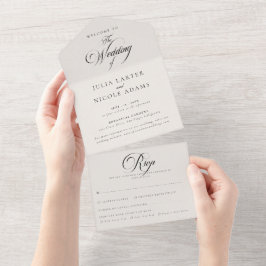 Klassische Ivory-Schwarz-Kalligrafie-Hochzeit All In One Einladung