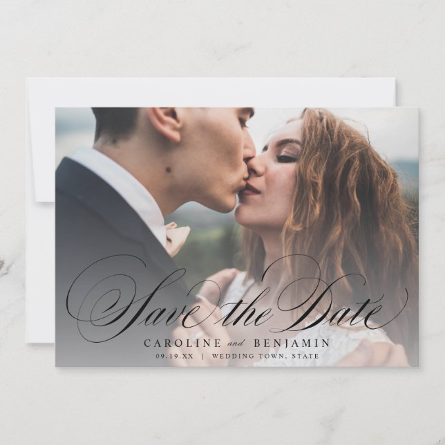 Klassische Kalligraphie Foto Hochzeit speichern da Save The Date (Vorderseite)