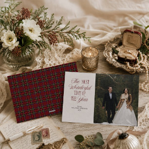 Klassische Karo-Mr-&-Mrs-Weihnachtsfoto Feiertagskarte