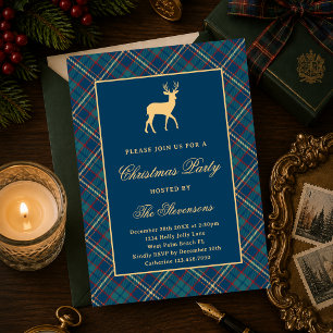 Klassische Karo-Rentiere Navy Blau Weihnachtsfeier Einladung