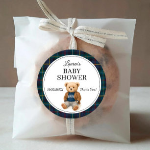 Klassische Karo-Teddybär-Baby-Shower-Aufkleber Runder Aufkleber