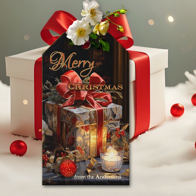 Klassische Kerzenleuchte Frohe Weihnachten Geschenkanhänger (Classic Christmas gift tag featuring a festive wrapped gift, warmly lit by candle light.)