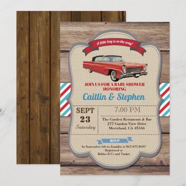 Klassische Kinderdusche. Vintages Rot Einladung (Vorne/Hinten)