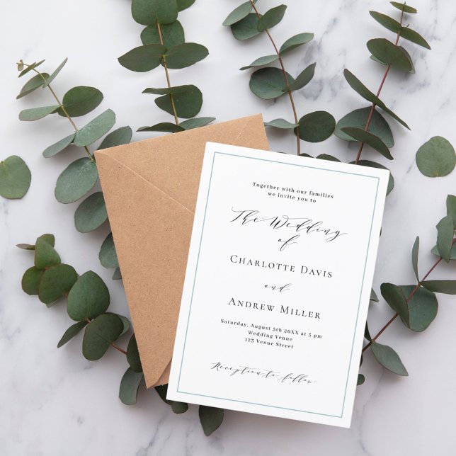 Klassische klassische Hochzeit in weißem, staubbla Einladung (Von Creator hochgeladen)